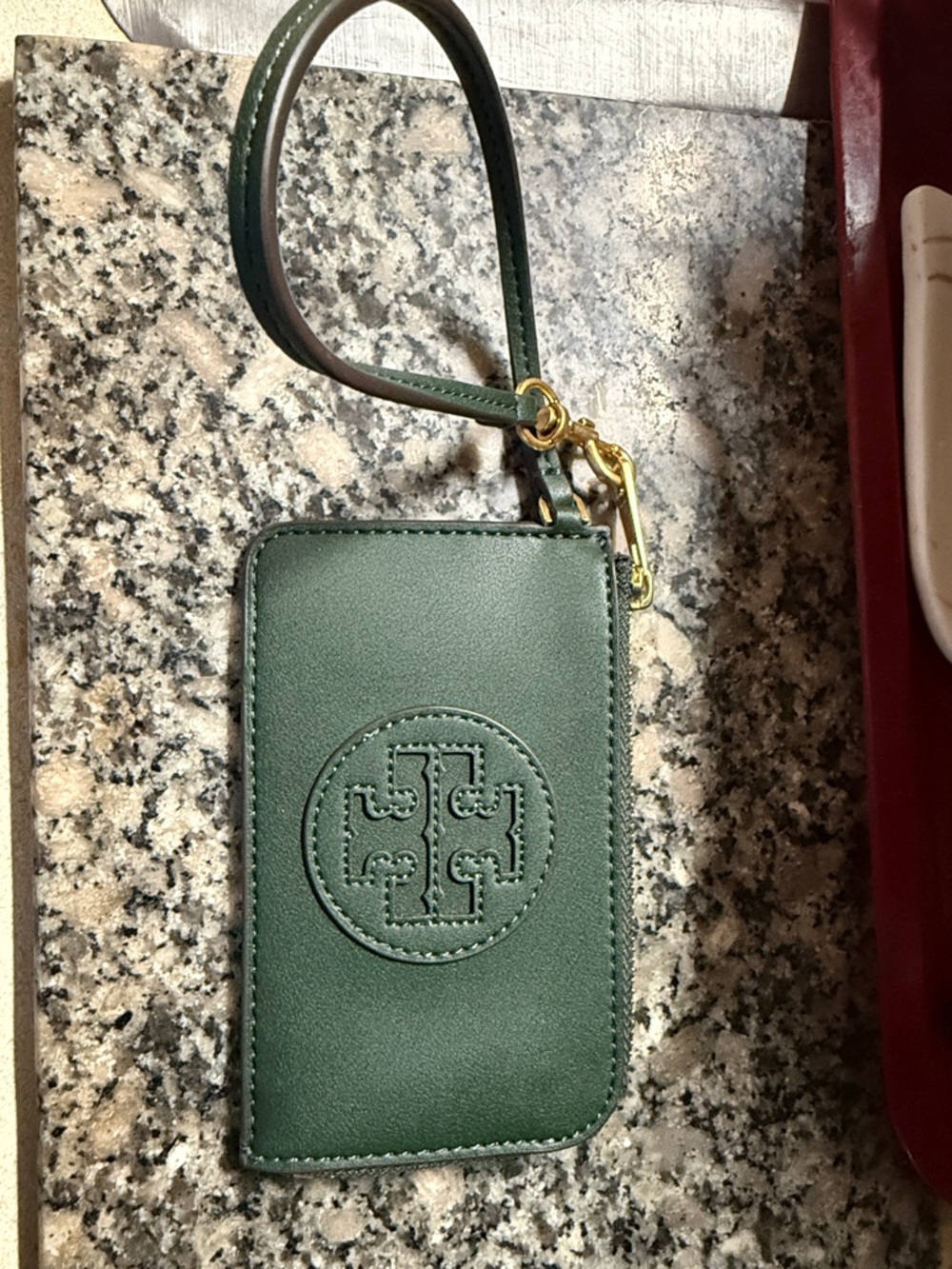 Tory Burch Forest Green Leather Wristlet  with Gold Hardware